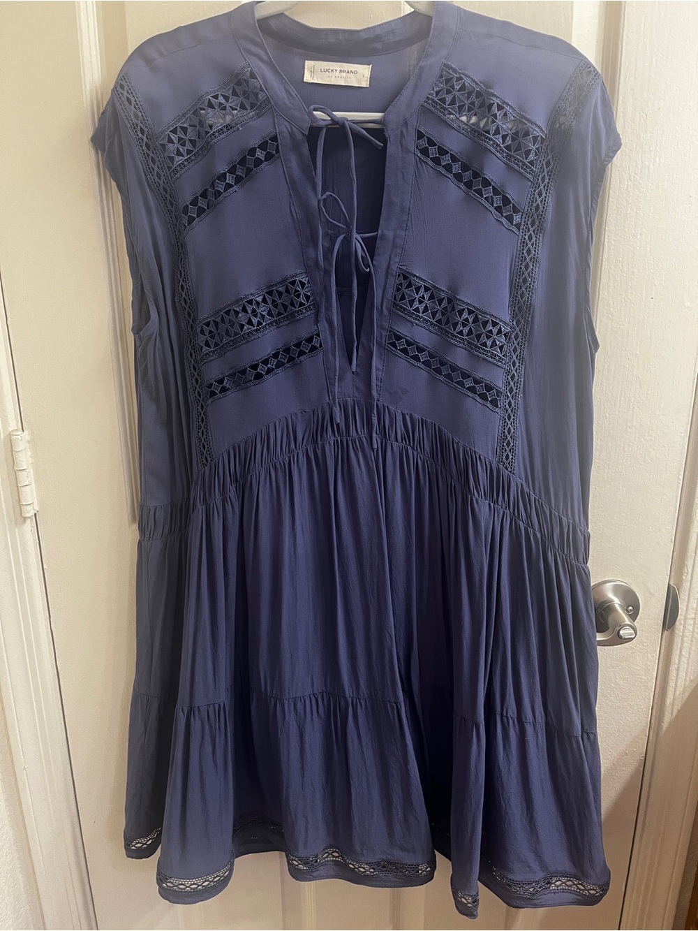 Lucky Brand Navy Blue Tiered Mini Dress with Lace Insets